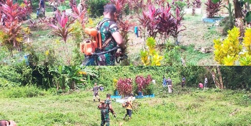 Karbak Koramil 04 Sikakap Bersama Warga Bersihkan Lokasi Pemakaman di Dusun Mabolak