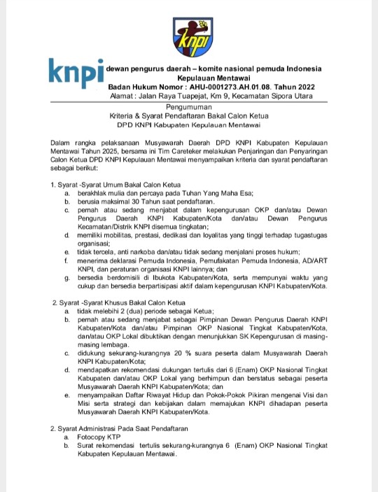 Syarat Pendaftaran Calon Ketua DPD KNPI Mentawai Yang Diumumkan Tim Karateker Tak Sesuai AD/ART, Salah Satunya Kriteria Usia