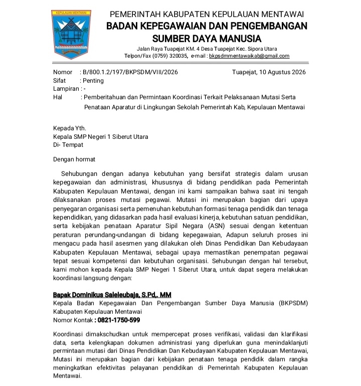 Surat Edaran Mutasi Guru Yang Beredar Bukan Dari BKPSDM Mentawai, Tapi Penipuan 