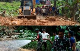 Koramil 04 Sikakap Gelar Karya Bakti Pembersihan Material Longsor di Sikakap Barat