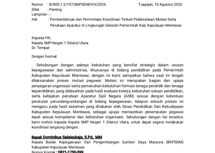 Surat Edaran Mutasi Guru Yang Beredar Bukan Dari BKPSDM Mentawai, Tapi Penipuan 